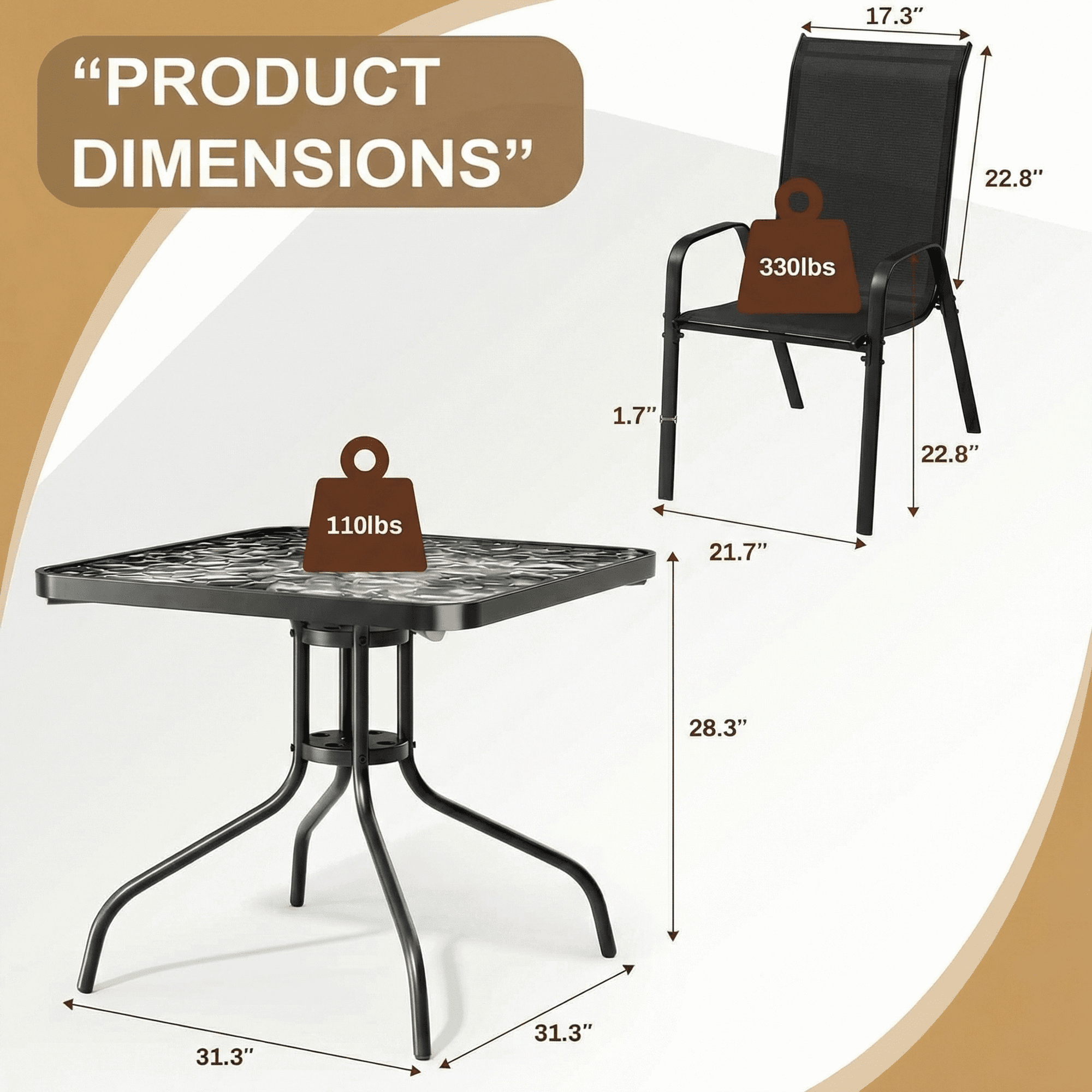 Pirecart 5-Piece Patio Dining Set Outdoor Furniture with Table and 4 Stackable Textilene Chairs, Black