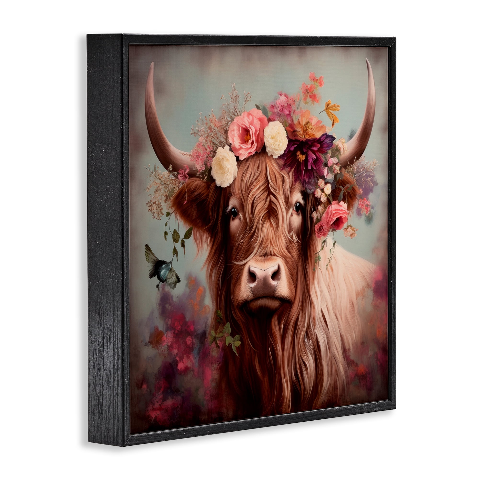 Stupell Industries Longhorn & Flower Garland Animals & Insects Painting Black Framed Art Print Wall Art, 17 x 17