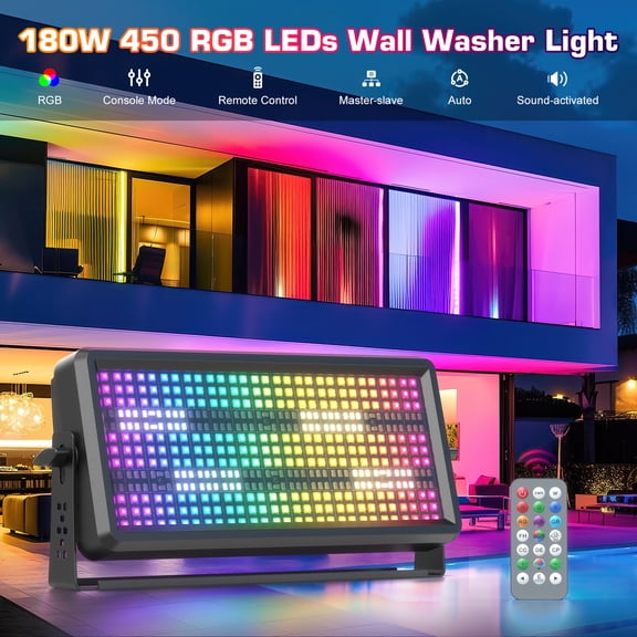 Wall Washer Light 180W RGB & White LED with DMX512 Sound Control Strobe Effects for Party Wedding Stage Events (1 Pack)
