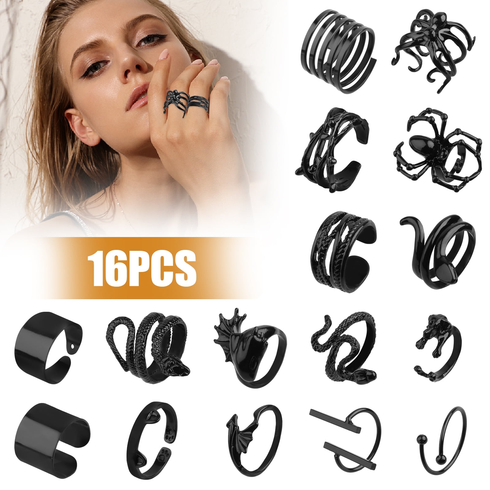 16pcs Stackable Joint Knuckle ​Open Rings Set, EEEkit Black Vintage Punk Open Rings for Men Women, Adjustable Gothic Split Rings, Animals Geometry Dragon Snake Alloy Open Rings Jewelry Set