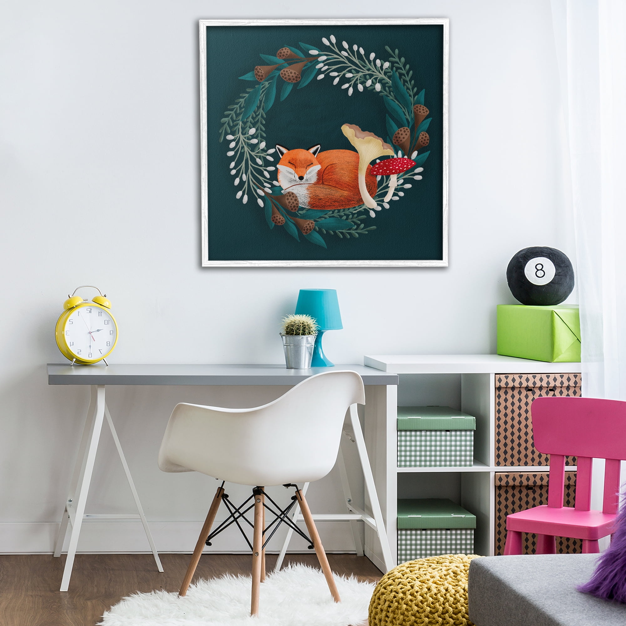 Sleepy Fox in Botanical Wreath White Framed Giclee Art, design by Metka Hiti