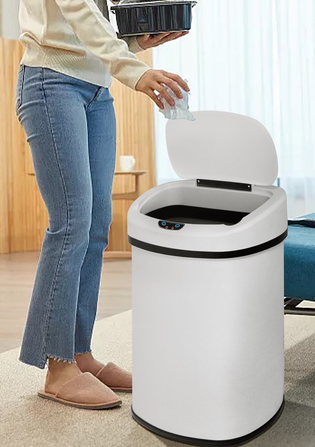 CL.HPAHKL 13 Gallon Kitchen Trash Can with Lid, Stainless Steel Oval Automatic Garbage Can for Home Office Bedroom Living Room Garage, Large Capacity Trash Bin Trashcan, White