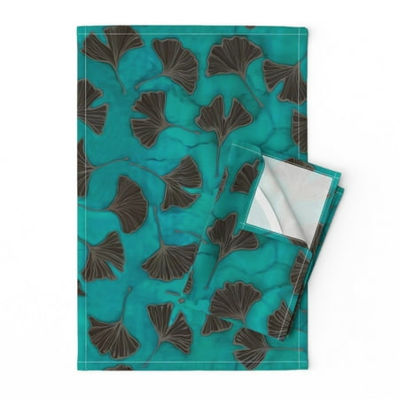 

Printed Tea Towel Linen Cotton Canvas - Teal Ginkgo Biloba Leaves Botanical Watercolor Japanese Garden Print Decorative Kitchen Towel by Spoonflower