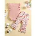 thumbnail image 3 of Infant Baby Girl 2 Pieces Sweet Outfits, Solid Color Ribbed Ruffles Sleeveless Romper + Boho Floral Print Flare Pants Summer Set, 3 of 9