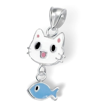 Rattan Hanging Chair Australia Childrens Adorable Sterling Silver and Enamel Cartoon Cat Face with Hanging Fish, 14