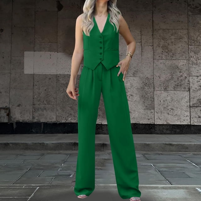 Womens 2pc Button Vest Shirt & Wide Leg Pants Set - Cotton Blend, Chest Design, Casual/Formal Outfit, S-XXL Sizes