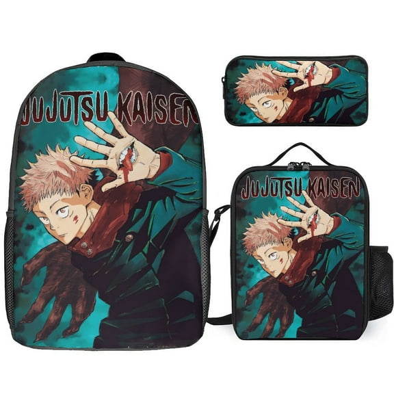 Jujutsu Kaisen Yuji Itadori 3 Piece Backpack Set with Lunch Bag Pencil Case, High Capacity Bookbag with Lunch Box Pen Box for Man Women