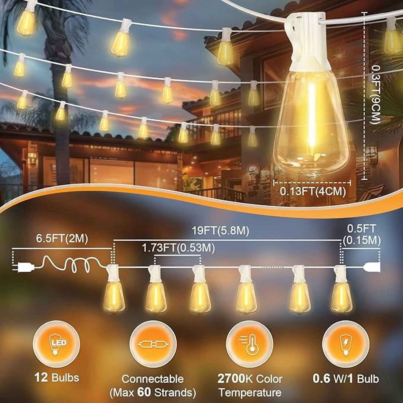 2-Pack 26FT Waterproof Outdoor String Lights, Connectable Patio Lighting with 12+1 Shatterproof ST38 Edison LED Bulbs, Ideal for Yard, Garden, Porch & Party Decor