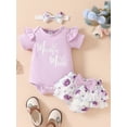thumbnail image 3 of vera natura Baby Girls Summer Outfit Short Sleeve Romper + Floral Ruffle Shorts + Headband Set, 3 of 8