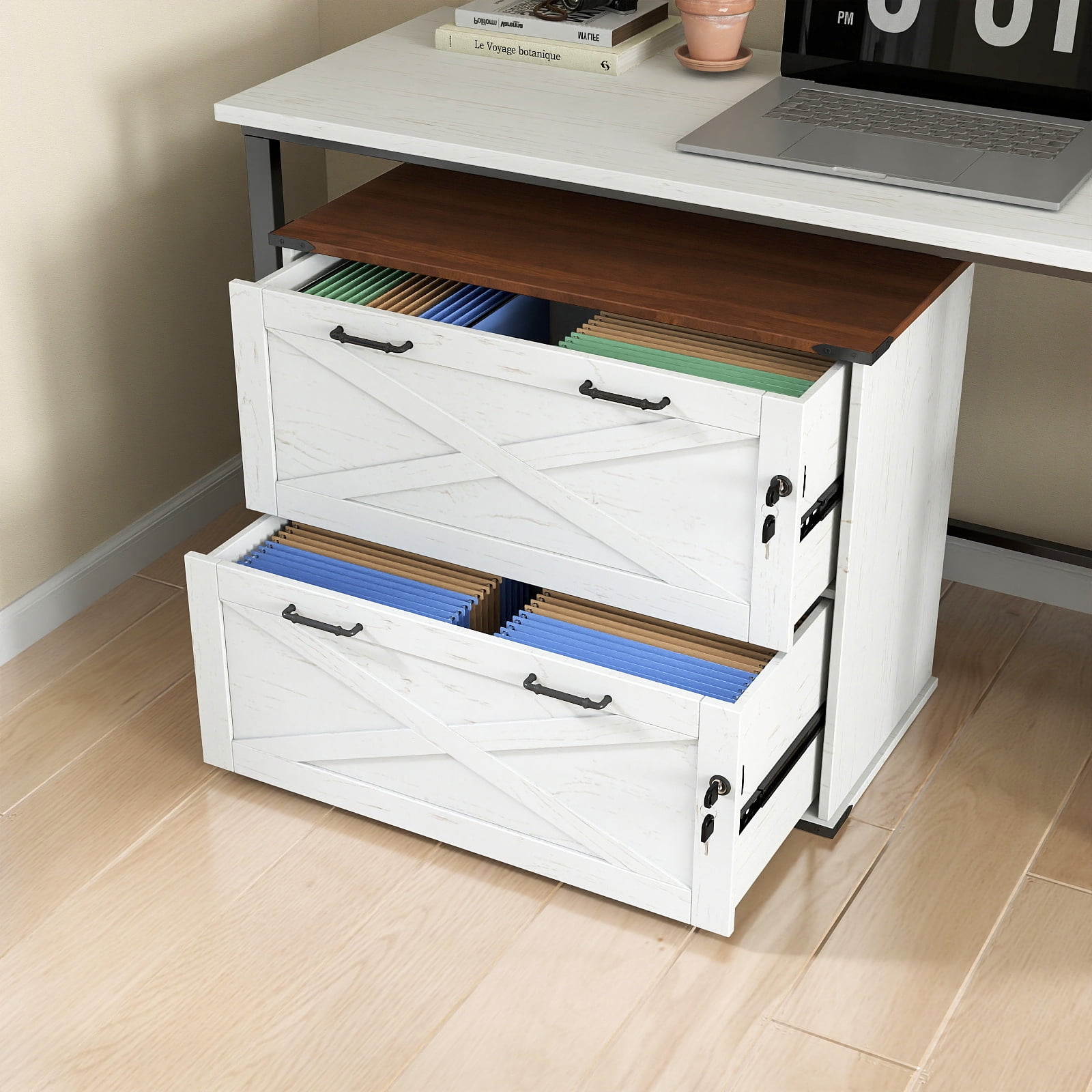 UBesGoo Farmhouse File Cabinet with 2-Drawer Wood Vertical File Storage Cabinet with Individual Lock and Rustic Metal Handles, White