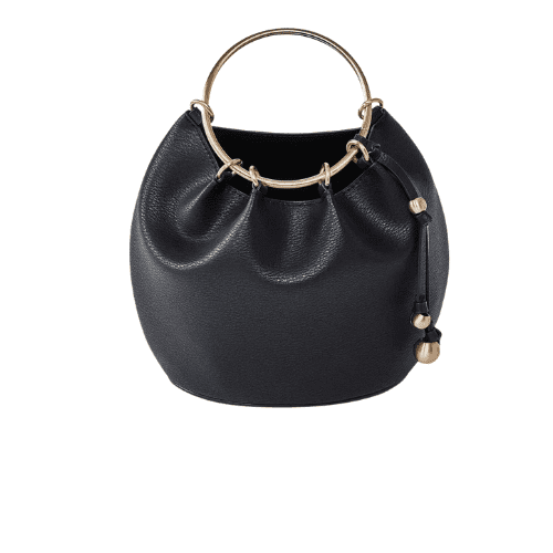 Black Ring Handle Clutch Handbag Small Gathered Purse Elegant Evening Bag