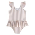 thumbnail image 3 of Bainana Girls Striped Swimwear Toddler Ruffled Sleeve Crew Neck One-Pieces Swimsuit Breathable Stretchy Little Kids Beach Vacation Pool Bathing Suit Light Pink Size 5-6 Years, 3 of 7