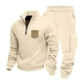thumbnail image 6 of Men's 2PC Fleece Lined Sweatsuits Long Sleeve Quarter Zip Collar Sweatshirt Elastic Waist Cuffed Joggers with Pockets Activewear Set Khaki M, 6 of 9