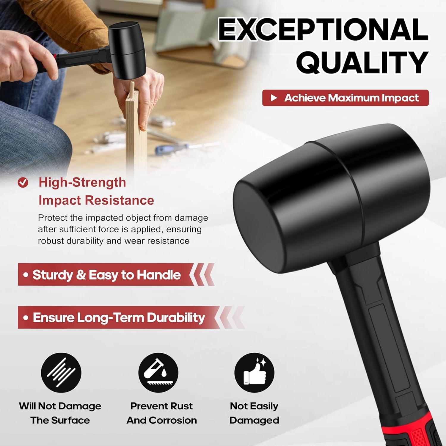 RGHJAR-2Pcs Hammer Set, 16oz Rubber Mallet Hammer and 40mm Double-Faced Soft Hammer, Solid Head, Fiberglass Handle, Ergonomic Grip, 2-Piece Rubber Mallet Set for Flooring,Tent,Woodworking,Camping