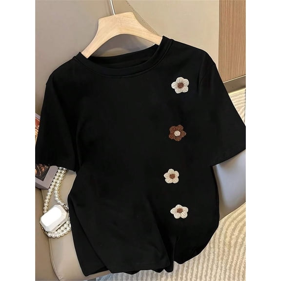 【New Arrival】3D Embroidery Daisy Flower Crew Neck T-Shirt, Women Minimalist Cute Floral Casual Short Sleeve Tee
