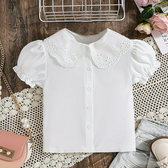 JIAYUE Blouses Tops for Girls Short Sleeve Peter Pan Collar Puff Sleeve White For Kids Cute Summer Wear