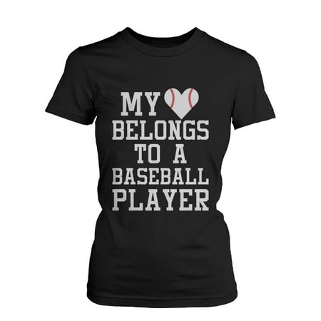 My Heart Belong to A Baseball Player Graphic Tee- Women's Funny Statement Black (Best Black Baseball Players)