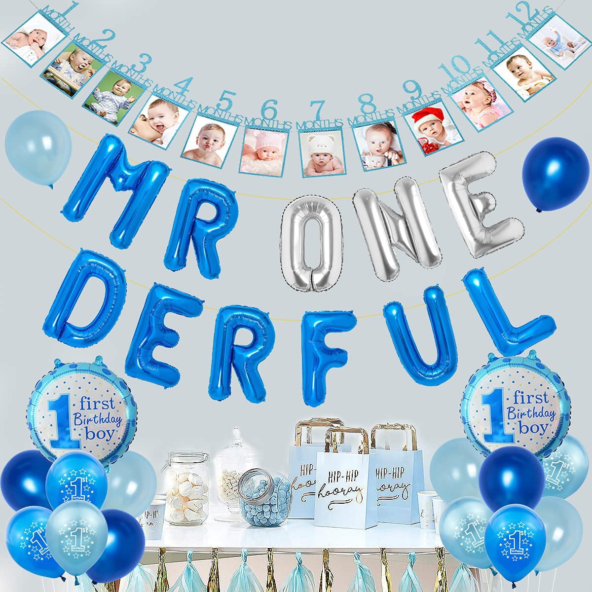 116 PCs Mr Onederful Birthday Decorations, Homond Boys 1st Blue and Gold  Little Man Party Decorations Backdrop Balloon Garland Monthly Photo  Highchair