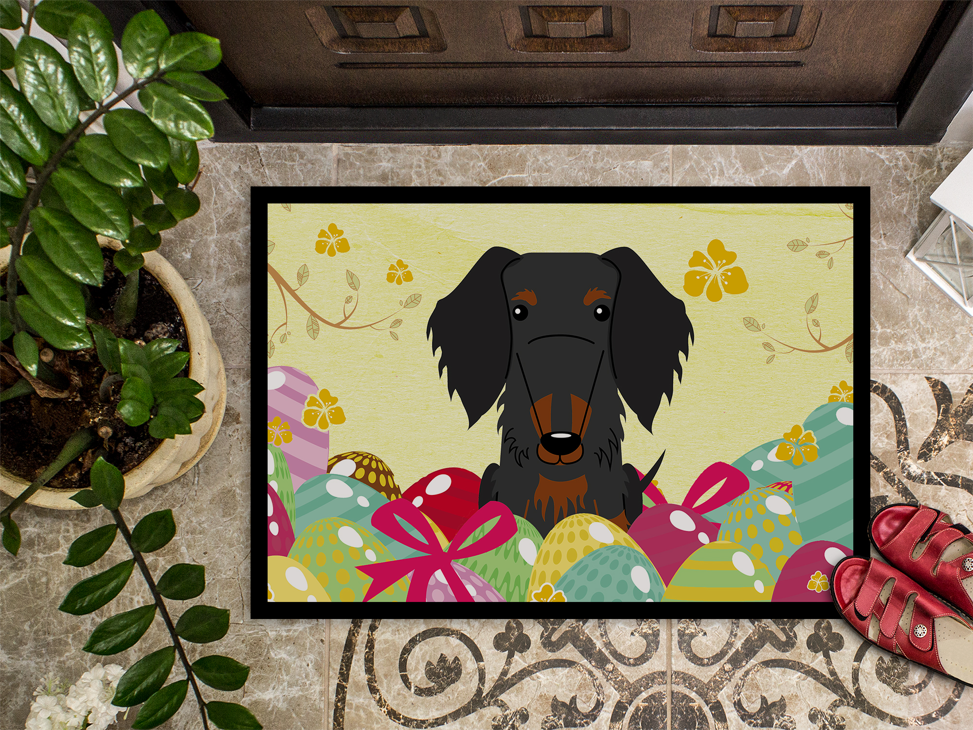 Carolines Treasures BB6127JMAT 24 x 36 in. Easter Eggs Wire Haired Dachshund Black Tan Indoor or Outdoor Mat