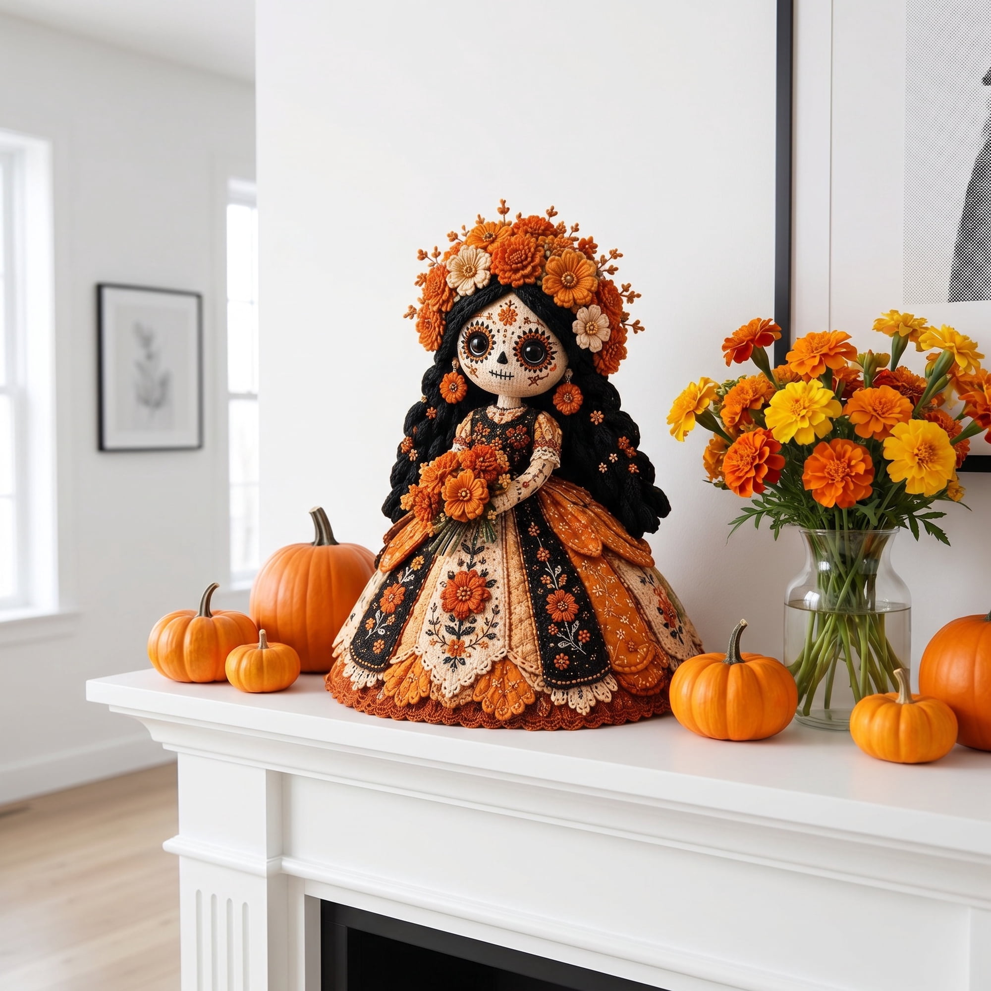 Day Of The Dead Patchwork Doll DIY Sewing Kit Handmade Fabric Skeleton Witch Girl Craft Set Floral Halloween Sewing Project Gift For Craft Lovers Collectors A
