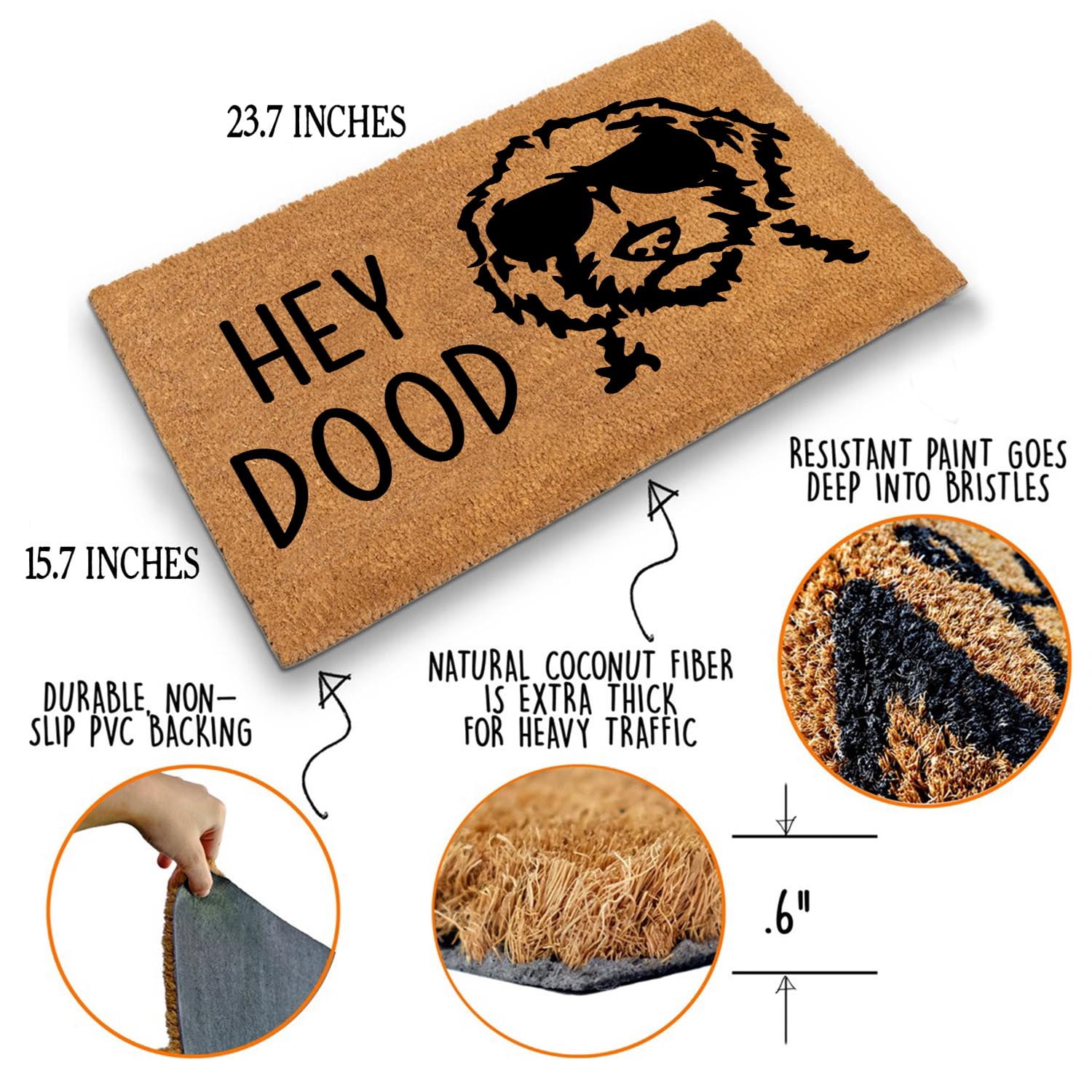 Funny Coir Doormat Hey Dood Golden Doodle Dog Welcome Front Porch Decor Doormat for The Entrance Way Personalized Rugs with Heavy-Duty PVC Backing Non Slip Outdoor Coir Doormat 23.6 x 15.7 inch