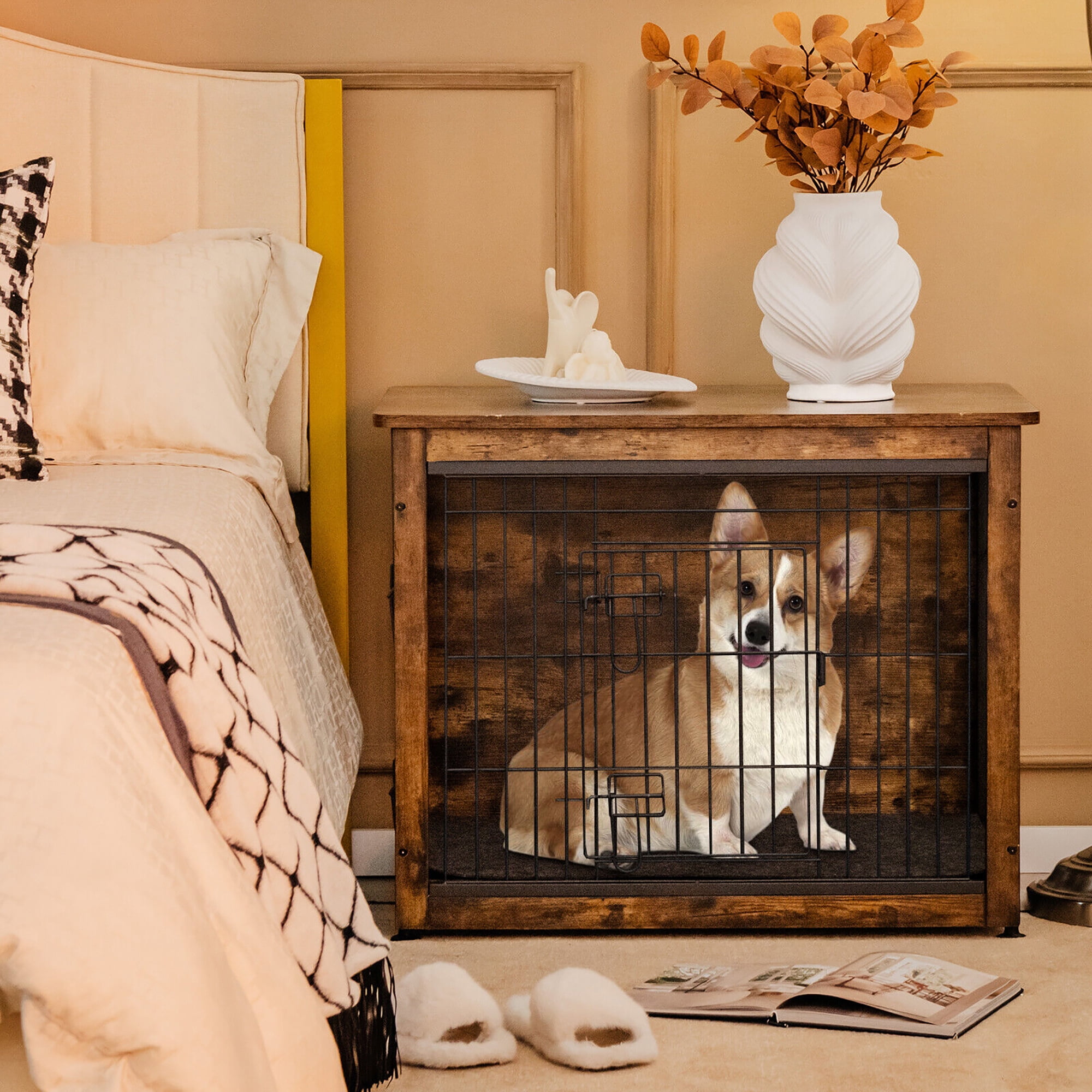 Gymax Wooden Dog Crate Furniture with Pad Bed Double Doors Dog Kennel End Table