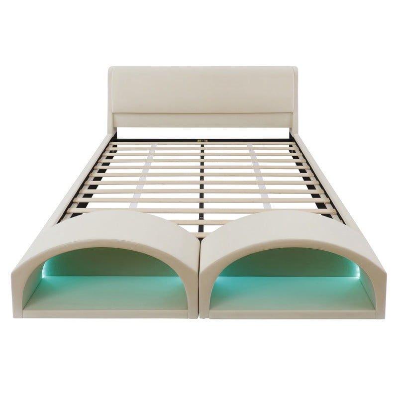 Queen Size Upholstered Platform Bed with LED Lights, Velvet Kids/Teens/Adults Low-Profile Bed Frame with Pet Nests at Footboard