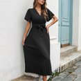 thumbnail image 4 of QLEICOM Women Short Sleeve Vintage Dress Summer Casual Swing Long Dresses Daily Party Beach Dress Boho Printed V-Neck Flowy Maxi Dress Beach Sundress with Belt Black S, 4 of 6