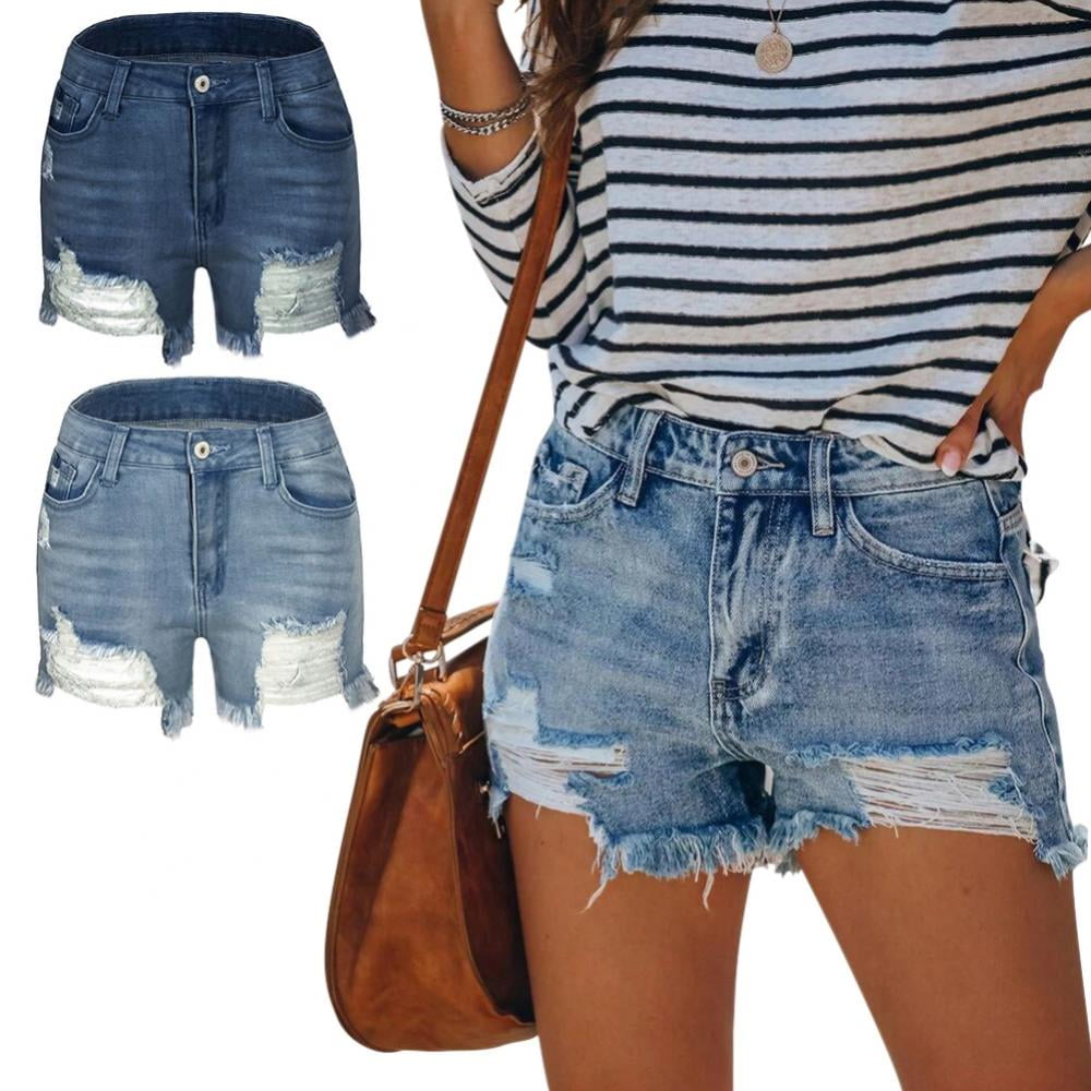 Forthery Denim Hot Shorts For Women Casual Summer Mid Rise Shorts Frayed Raw Hem Ripped Short Pants Jeans