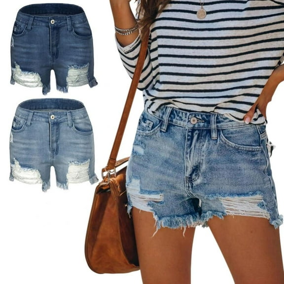 Women's Casual Denim Shorts Frayed Raw Hem Ripped Jeans Shorts