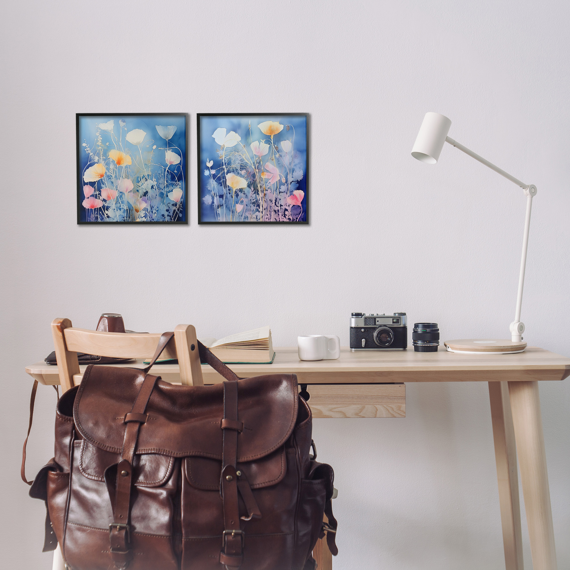 Stupell Industries Abstract Poppies on Blue Botanical & Floral Painting Black Framed Art Print Wall Art, 12 x 12, Set of 2