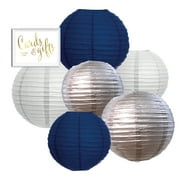 Navy Blue, Silver, White Hanging Paper Lanterns, 6ct, Cards and Gifts Party Sign