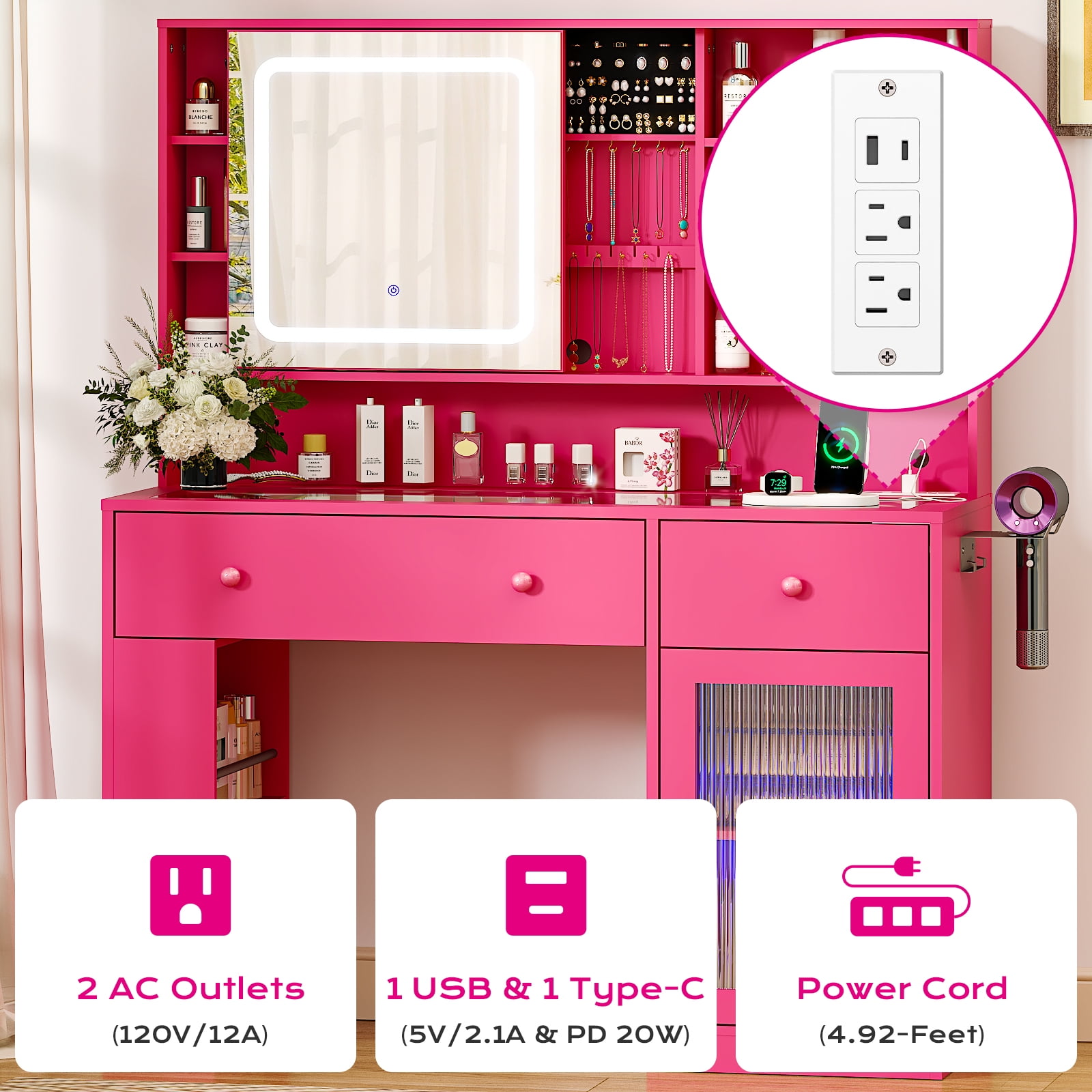 Ktaxon Makeup Vanity with Lighted Mirror,  Vanity Table Set w/ Charging Station, Side Rack, Pink