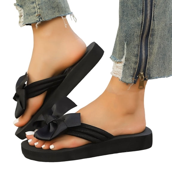 Rokment Womens Bow Platform Wedge Dress Flip Flops with Arch Support Yoga Mat Comfortable Summer Beach Orthopedic Walking Thong Cushion Slip on Sandals Indoor Outdoor Black Size 6