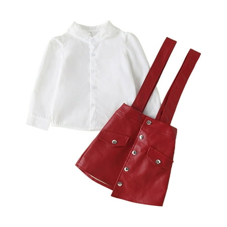 

Kids Toddler Baby Girls Autumn Winter Cotton Long Sleeve Shirt Leather Suspender Dress Set Clothes