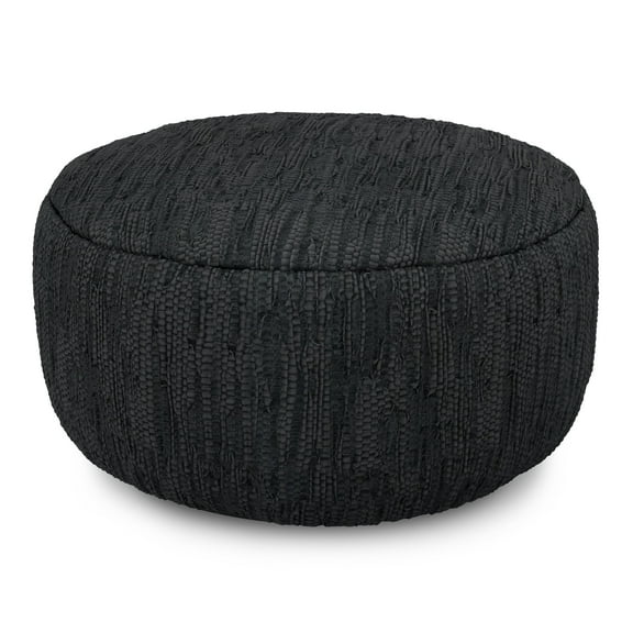 Simpli Home Fredrik 30 inch Wide Boho Pouf in Black Genuine Woven Leather, Assembled