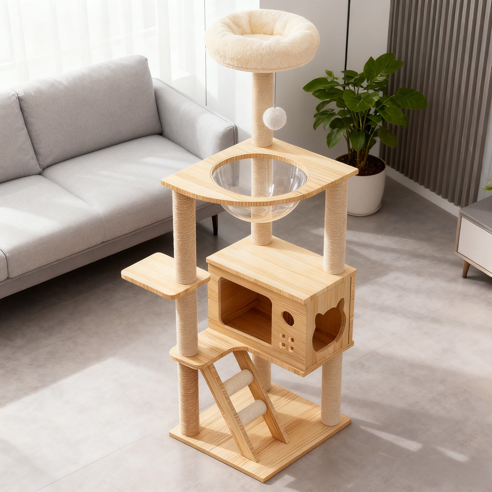 Cat Tree, 48.8 Inch Modern Cat Tower With Sisal-Covered Scratching Posts, Acrylic Hammock and Top Perch, Wood Cat Condo for Indoor Cats, Natural and White