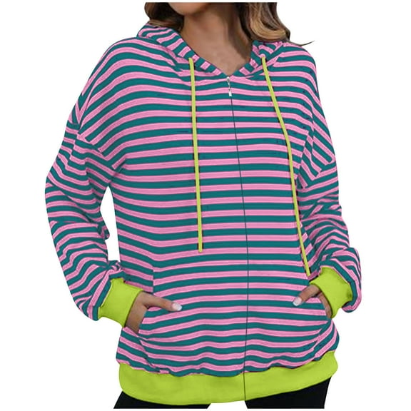 Akafmk Zip Up Hoodies for Women Plus Sweatshirts,Women Workout Sweatshirts,Women's Striped Printed Long Sleeved Zippered Hooded Casual Jacket Comfy Cardigan Workout Jacket