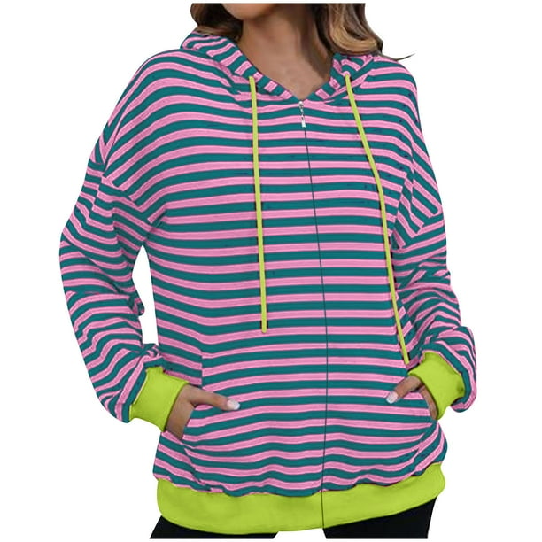 Chaquetas y abrigos casuales con capucha y manga larga para mujer Chaqueta casual con capucha y cremallera de manga larga con estampado a rayas para mujer Top de poliéster para mujer