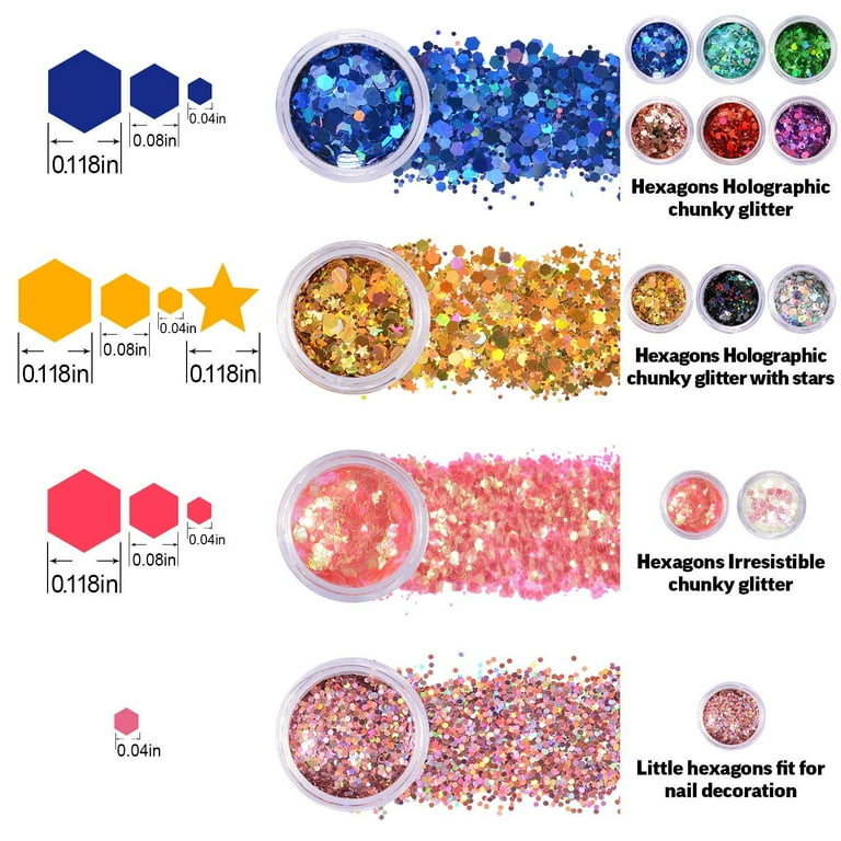  Warmfits Holographic Chunky Glitter 12 Colors Total 120g Face  Body Eye Hair Nail Festival Glitter Different Size Stars and Hexagons Shaped  (Set A) : Beauty & Personal Care