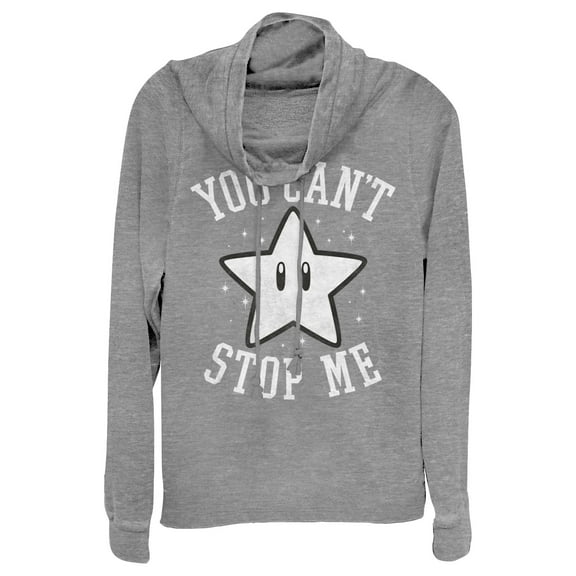 Junior's Nintendo Super Star You Can't Stop Me Cowl Neck Sweatshirt Gray Heather Small