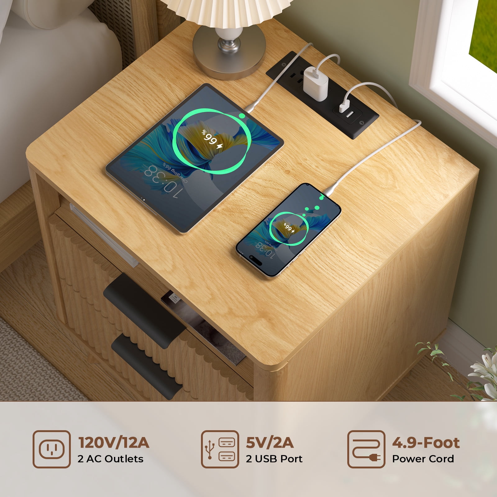 Hommpa 2 Drawers Fluted Nightstand with Charging Station, Modern Bedside Table End Side Table with Solid Legs for Bedroom Furniture Living Room Sofa, Night Stand with Storage Drawers and Open Shelf