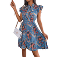 thumbnail image 1 of Vestido Plisado Floral Hasta la Rodilla para Mujer, para Vacaciones, Cuello Redondo, Sin Mangas, Cintura Alta, Ajustado, Azul , Talla S, 1 of 9