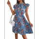 thumbnail image 1 of Vestido Plisado Floral Hasta la Rodilla para Mujer, para Vacaciones, Cuello Redondo, Sin Mangas, Cintura Alta, Ajustado, Azul , Talla S, 1 of 9