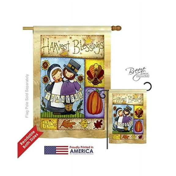 Breeze Decor 13057 Thanksgiving Thankful Pilgrims 2-Sided Vertical Impression House Flag - 28 x 40 in.