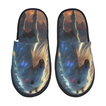 Balery Starry Light White Horse Slient Indoor Furry Fleece Comfort House Shoes Soft Non-Slip Home Shoes Cotton slippers House Slippers-- Large