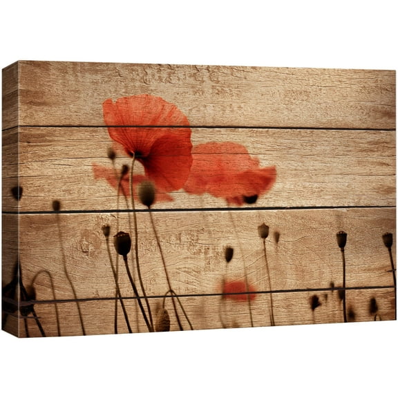 wall26 Canvas Print Wall Art Red Poppy Field on Wood Panels Nature Wilderness Mixed Media Modern Art Rustic Relax/Calm Multicolor for Living Room, Bedroom, Office - 32"x48"