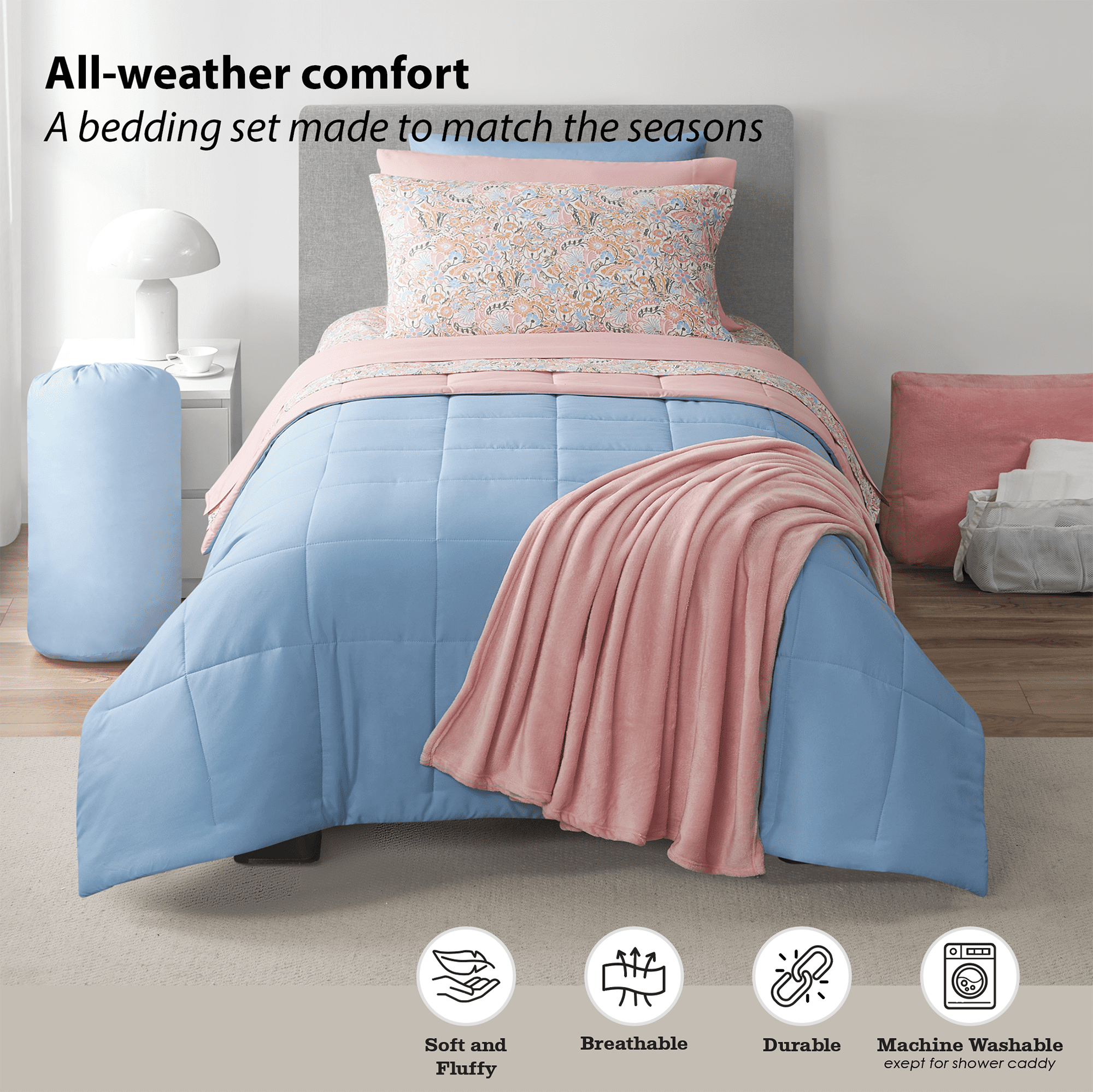 14pc College Dorm Essentials Bundle, Twin-XL, Reversible Bed in a Bag Comforter Set, Light Blue and Pink