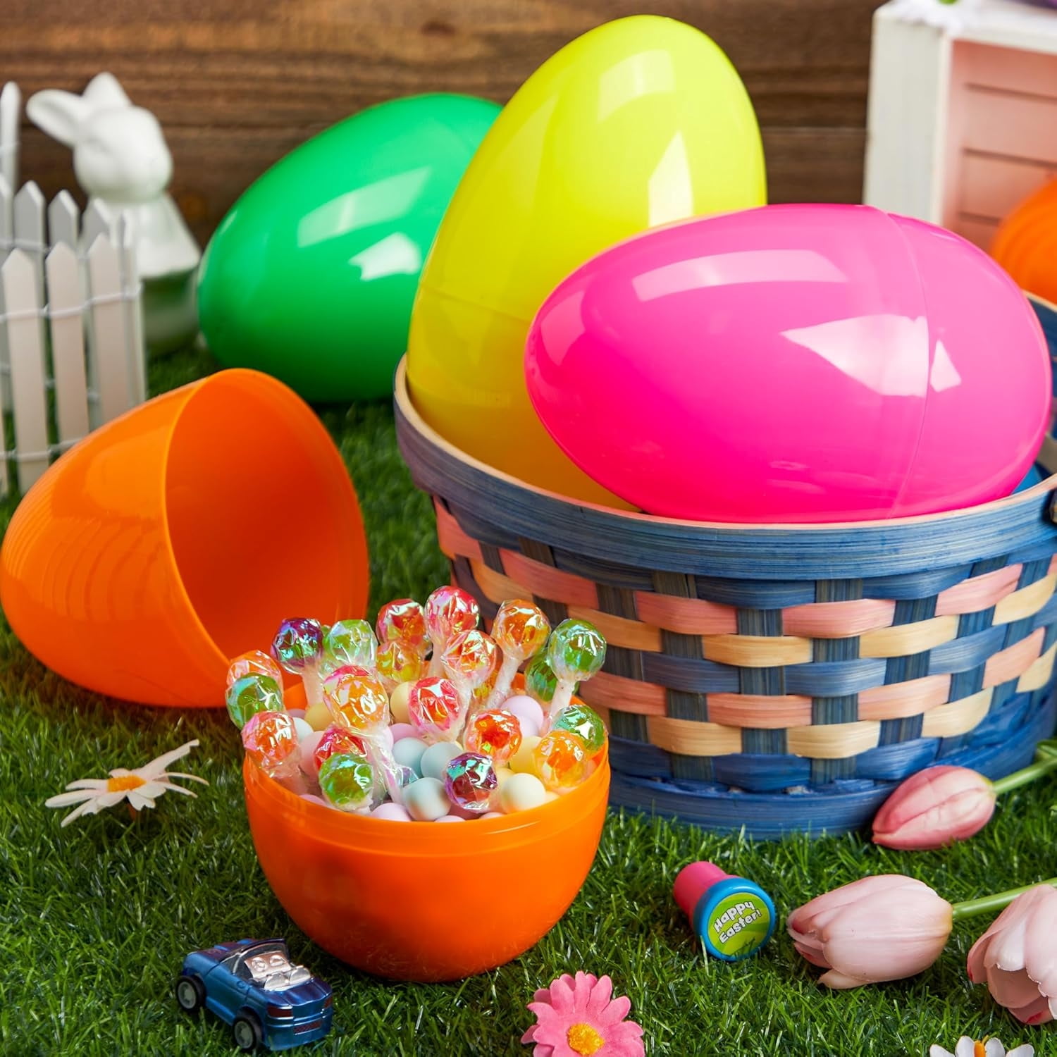 Joyfy 12 Pcs 6 inches Large Easter Eggs, Plastic Colorful Jumbo Easter Eggs, Empty Fillable for Easter Egg Hunt,Basket Stuffers Fillers, Filling Treats Party Favor Classroom Prize Supplies