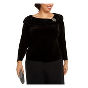 ALEX EVENINGS Womens Black Embellished Velvet Long Sleeve Jewel Neck Evening Top Plus 1X